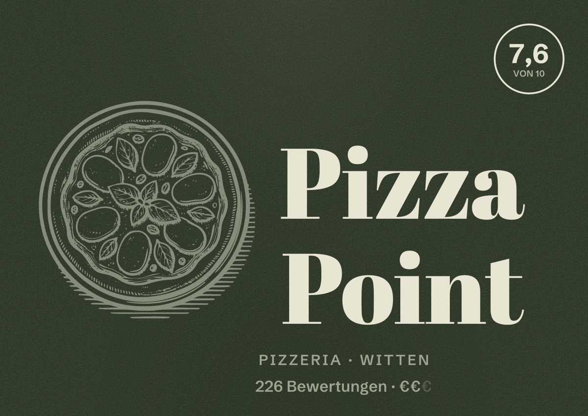 Illustriertes Poster von Pizza Point, Pizzeria in Witten: Bewertung 7,6 von 10 aus 226 Bewertungen, Preisniveau €€