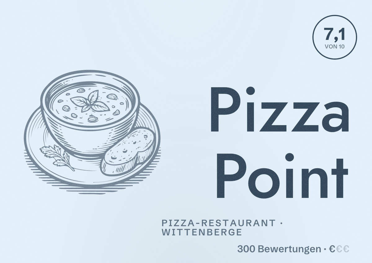 Illustriertes Poster von Pizza Point, Pizza-Restaurant in Wittenberge: Bewertung 7,1 von 10 aus 300 Bewertungen, Preisniveau €