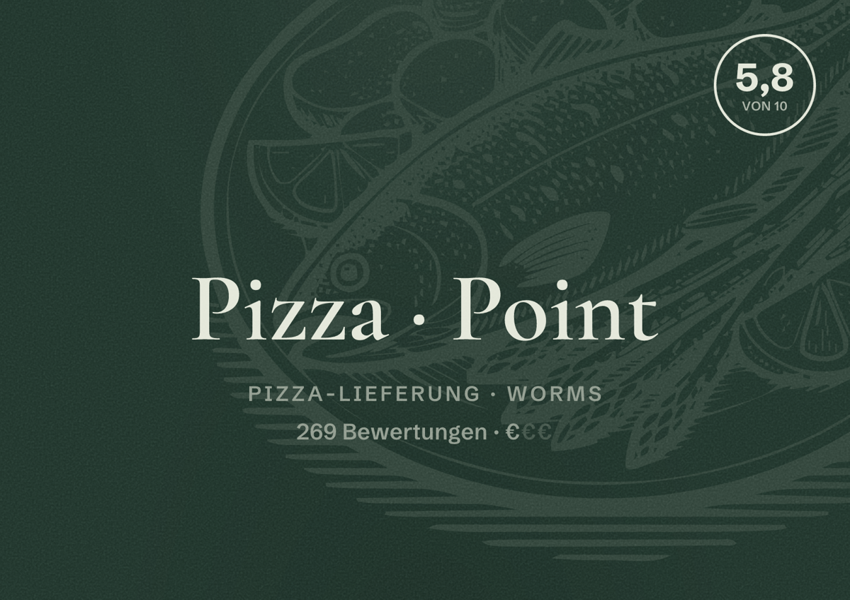 Illustriertes Poster von Pizza Point, Pizza-Lieferung in Worms: Bewertung 5,8 von 10 aus 269 Bewertungen, Preisniveau €