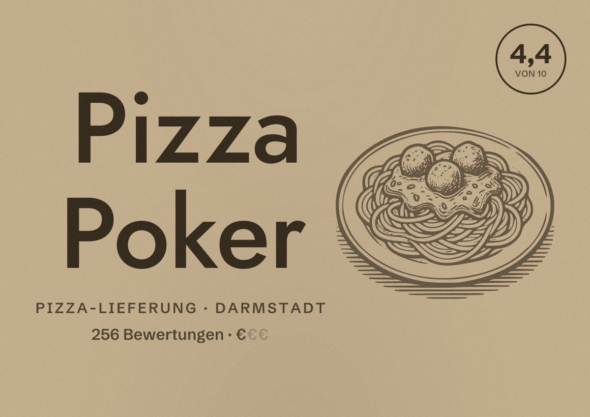Illustriertes Poster von Pizza Poker, Pizza-Lieferung in Darmstadt: Bewertung 4,4 von 10 aus 256 Bewertungen, Preisniveau €