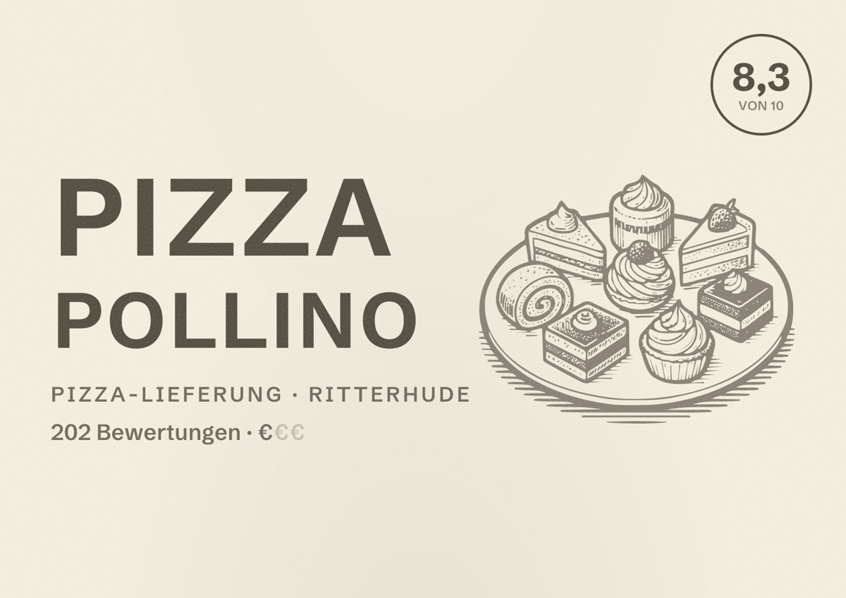 Illustriertes Poster von Pizza Pollino, Pizza-Lieferung in Ritterhude: Bewertung 8,3 von 10 aus 202 Bewertungen, Preisniveau €