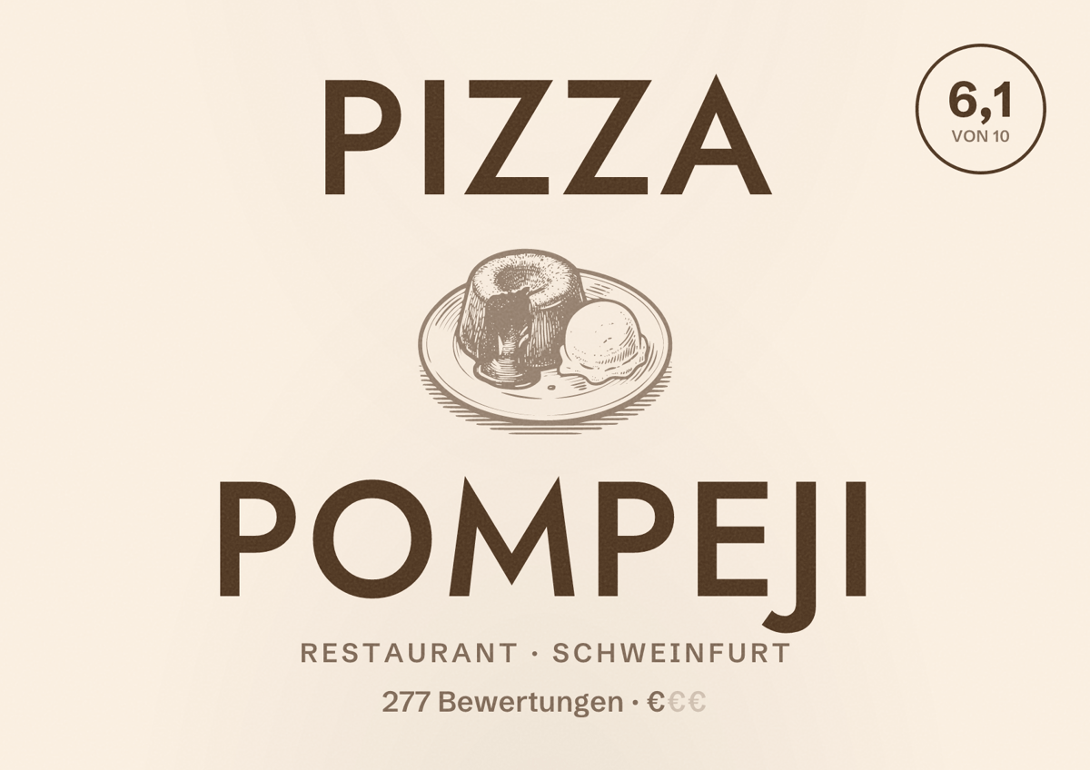 Illustriertes Poster von Pizza Pompeji, Restaurant in Schweinfurt: Bewertung 6,1 von 10 aus 277 Bewertungen, Preisniveau €