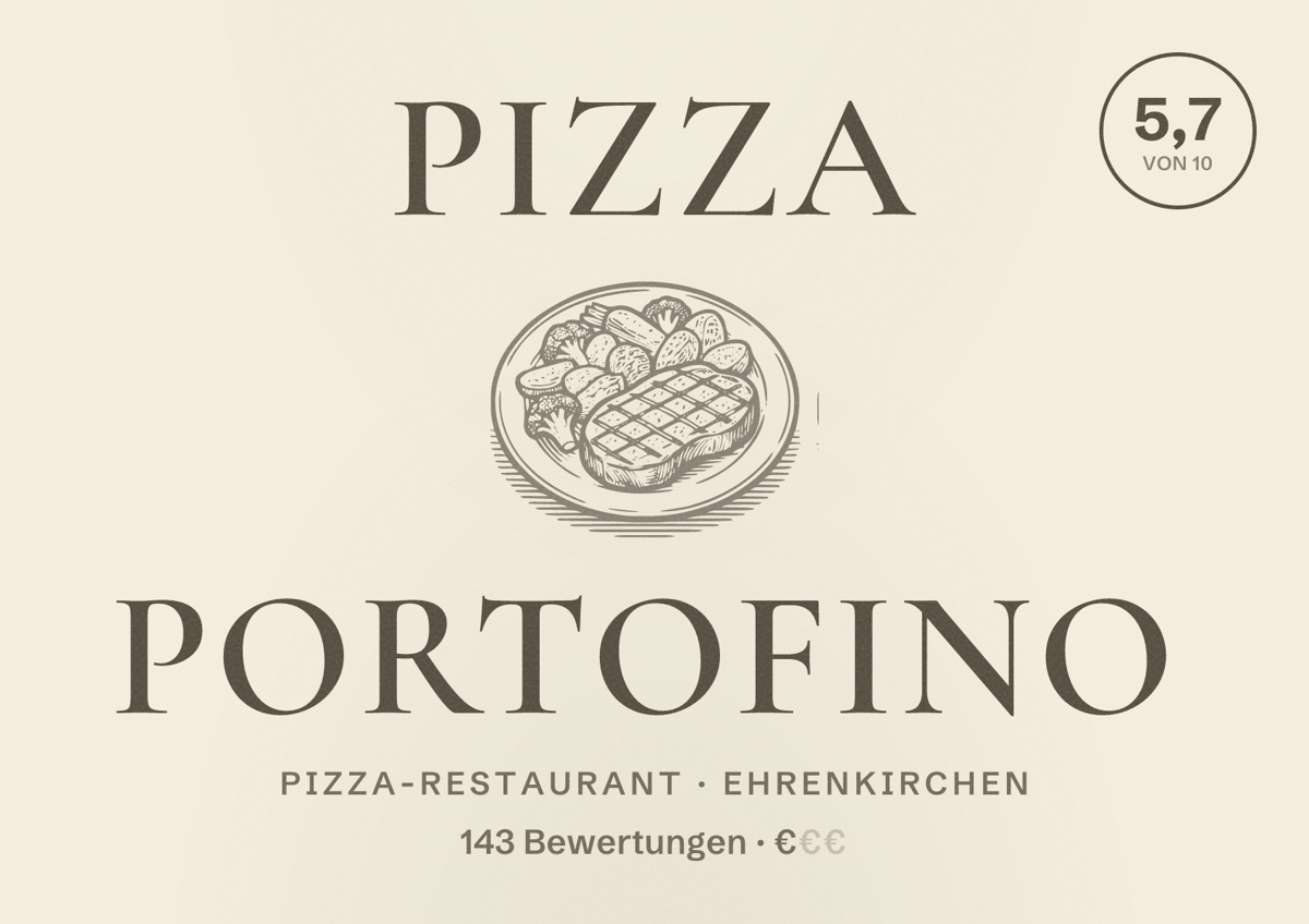 Illustriertes Poster von Pizza Portofino, Pizza-Restaurant in Ehrenkirchen: Bewertung 5,7 von 10 aus 143 Bewertungen, Preisniveau €