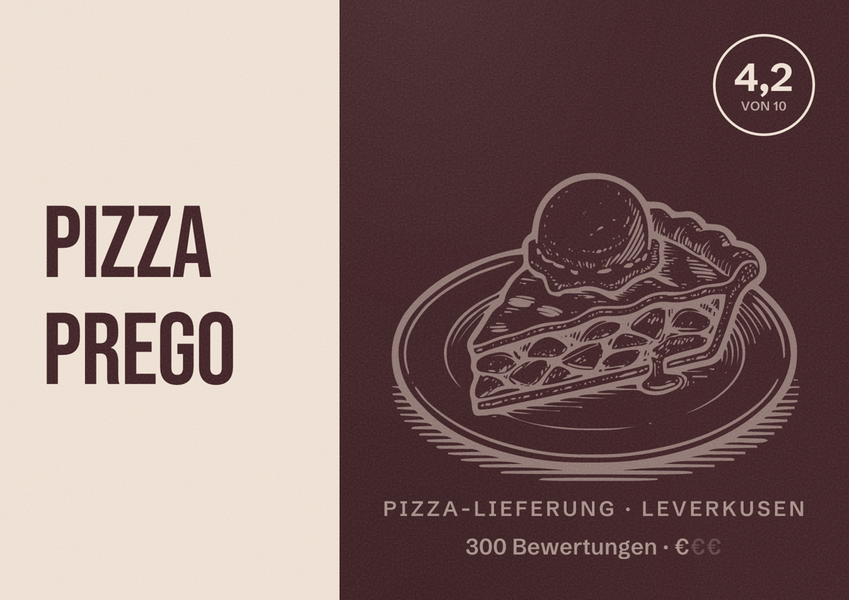 Illustriertes Poster von Pizza Prego, Pizza-Lieferung in Leverkusen: Bewertung 4,2 von 10 aus 300 Bewertungen, Preisniveau €