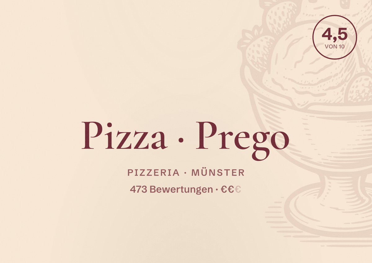 Illustriertes Poster von Pizza Prego, Pizzeria in Münster: Bewertung 4,5 von 10 aus 473 Bewertungen, Preisniveau €€