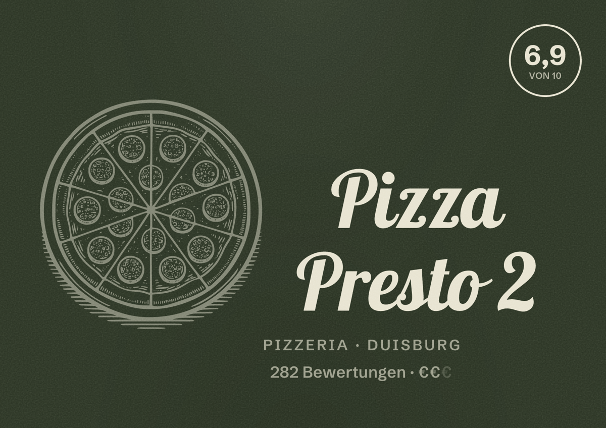 Illustriertes Poster von Pizza Presto 2, Pizzeria in Duisburg: Bewertung 6,9 von 10 aus 282 Bewertungen, Preisniveau €€
