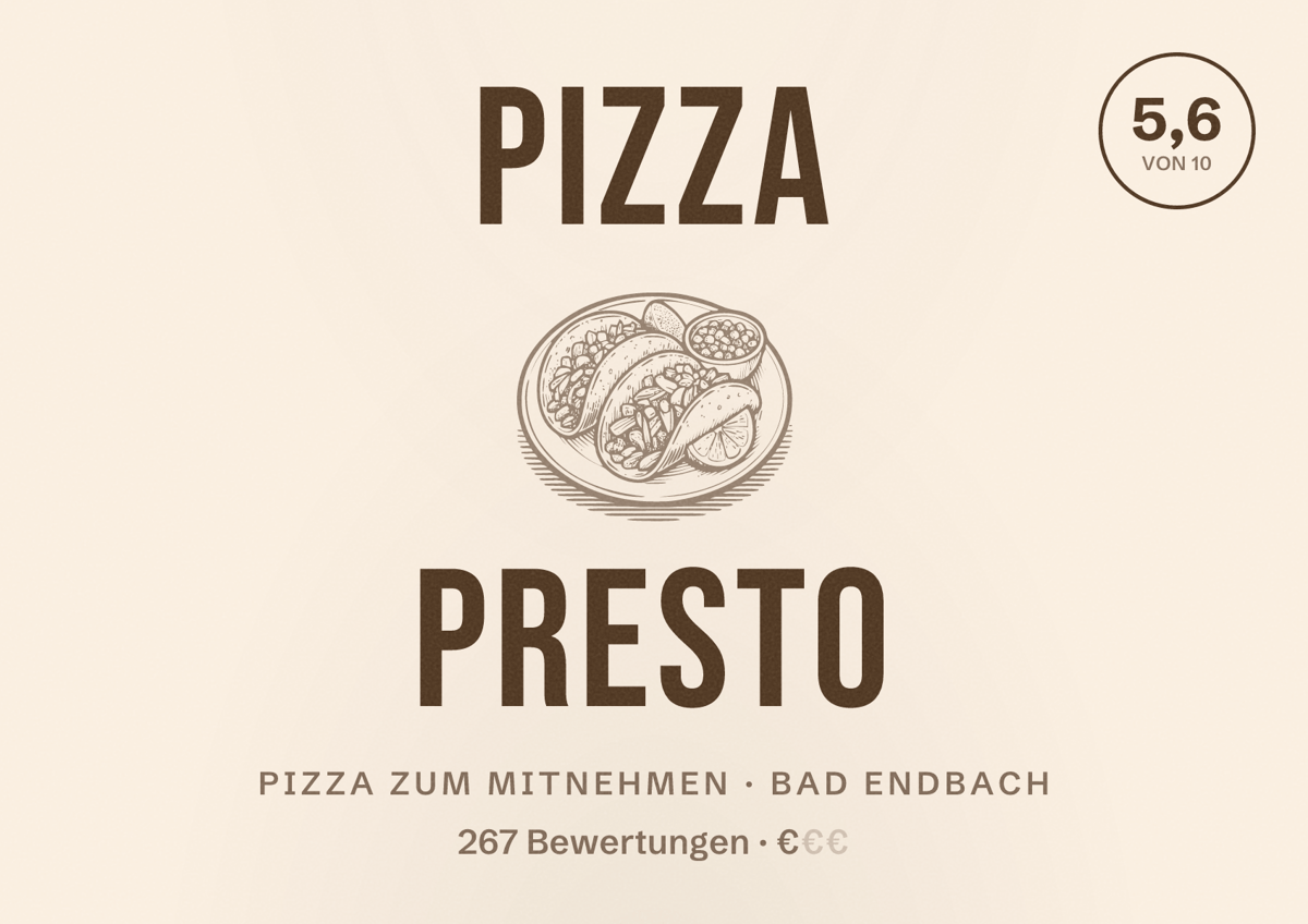 Illustriertes Poster von Pizza Presto, Pizza zum Mitnehmen in Bad Endbach: Bewertung 5,6 von 10 aus 267 Bewertungen, Preisniveau €