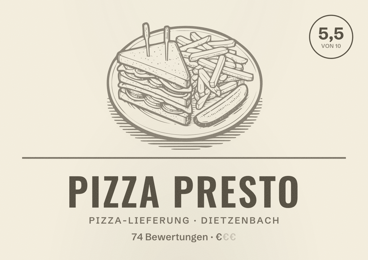 Illustriertes Poster von Pizza Presto, Pizza-Lieferung in Dietzenbach: Bewertung 5,5 von 10 aus 74 Bewertungen, Preisniveau €
