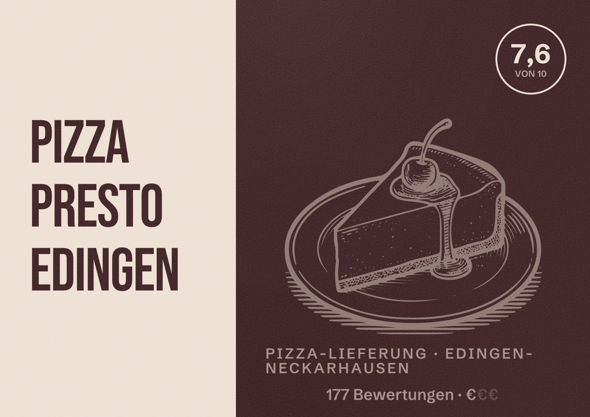 Illustriertes Poster von Pizza Presto Edingen, Pizza-Lieferung in Edingen-Neckarhausen: Bewertung 7,6 von 10 aus 177 Bewertungen, Preisniveau €