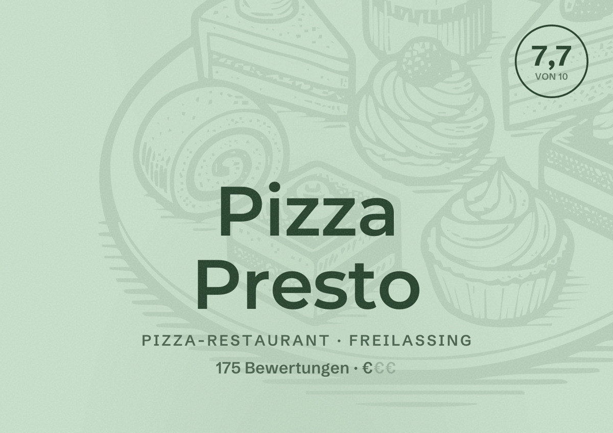 Illustriertes Poster von Pizza Presto, Pizza-Restaurant in Freilassing: Bewertung 7,7 von 10 aus 175 Bewertungen, Preisniveau €