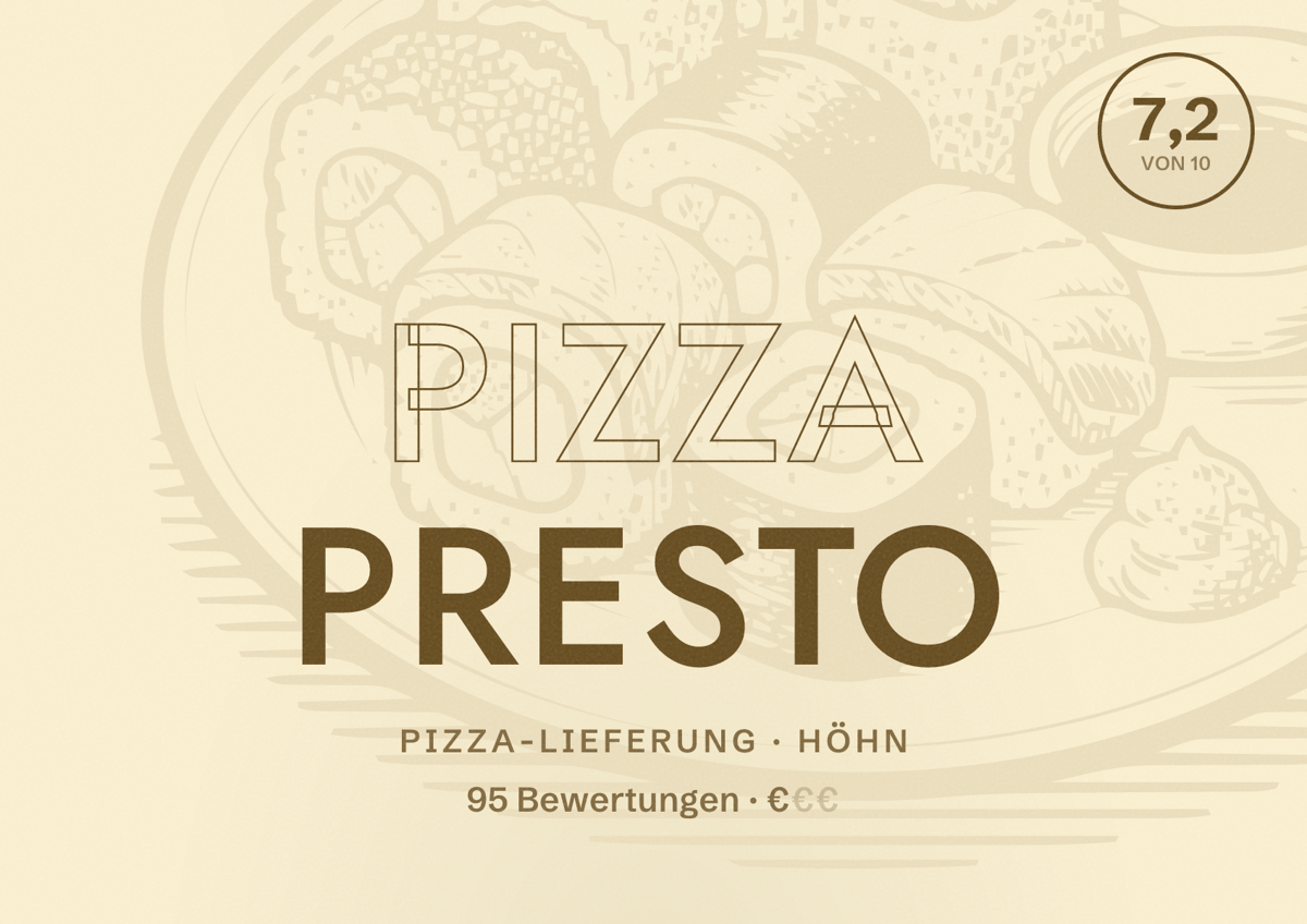 Illustriertes Poster von Pizza Presto, Pizza-Lieferung in Höhn: Bewertung 7,2 von 10 aus 95 Bewertungen, Preisniveau €