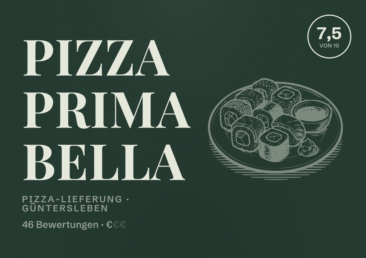 Illustriertes Poster von Pizza Prima Bella, Pizza-Lieferung in Güntersleben: Bewertung 7,5 von 10 aus 46 Bewertungen, Preisniveau €