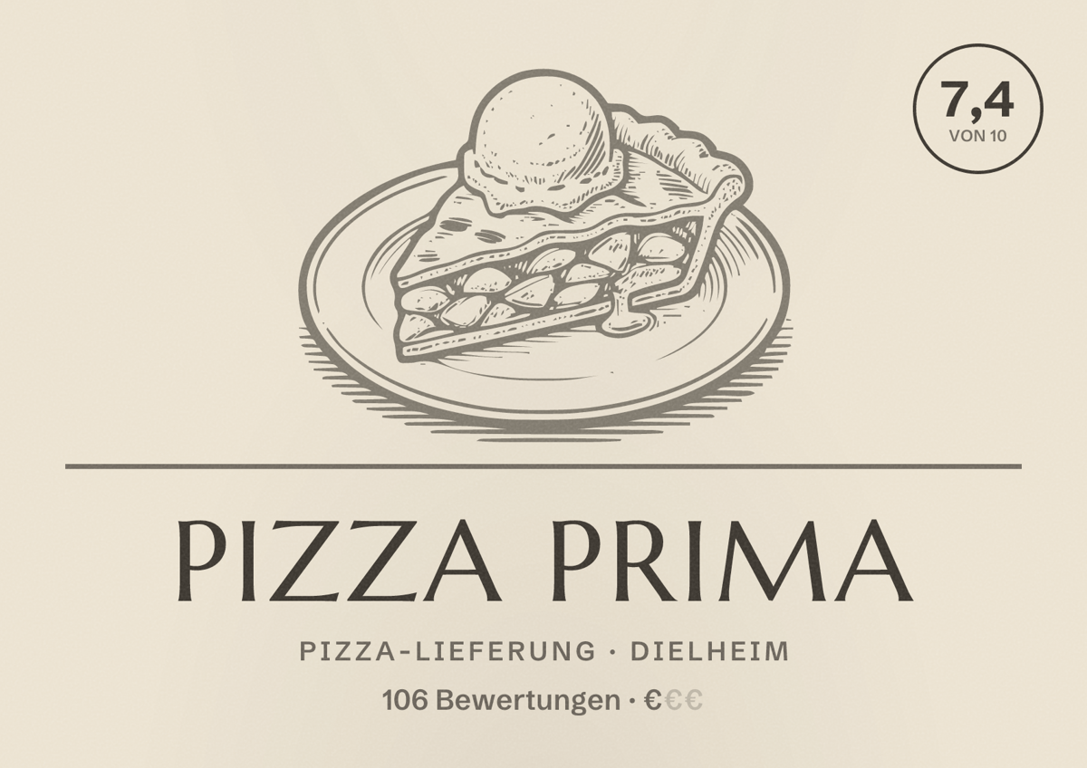 Illustriertes Poster von PIZZA PRIMA, Pizza-Lieferung in Dielheim: Bewertung 7,4 von 10 aus 106 Bewertungen, Preisniveau €