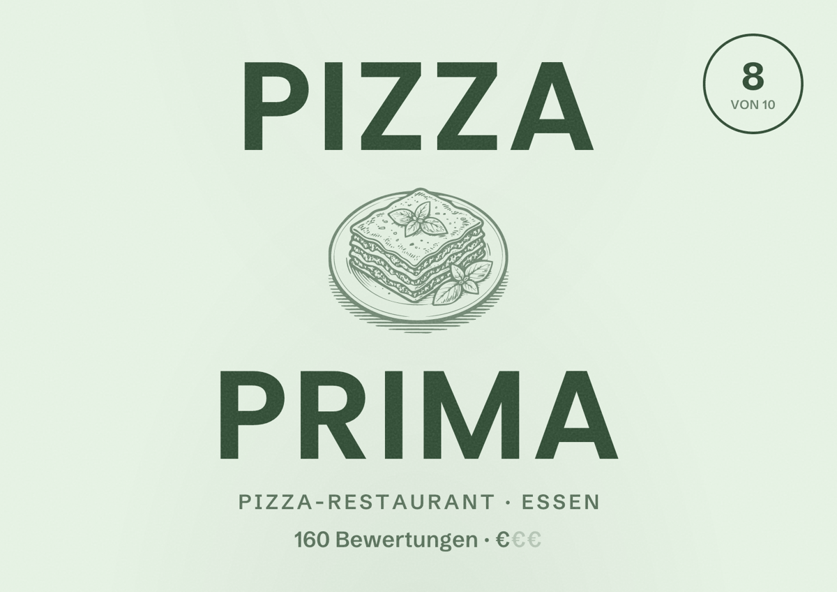 Illustriertes Poster von Pizza Prima, Pizza-Restaurant in Essen: Bewertung 8 von 10 aus 160 Bewertungen, Preisniveau €