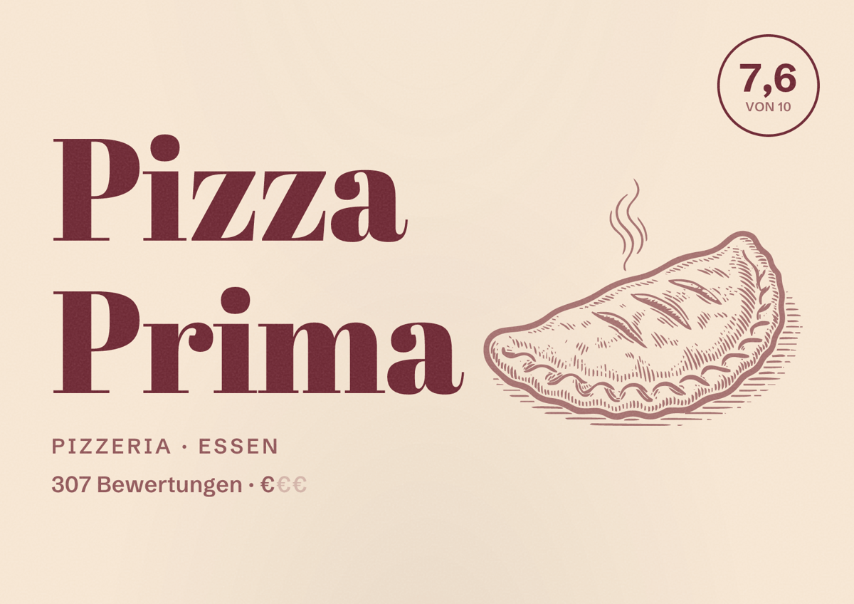Illustriertes Poster von Pizza Prima, Pizzeria in Essen: Bewertung 7,6 von 10 aus 307 Bewertungen, Preisniveau €