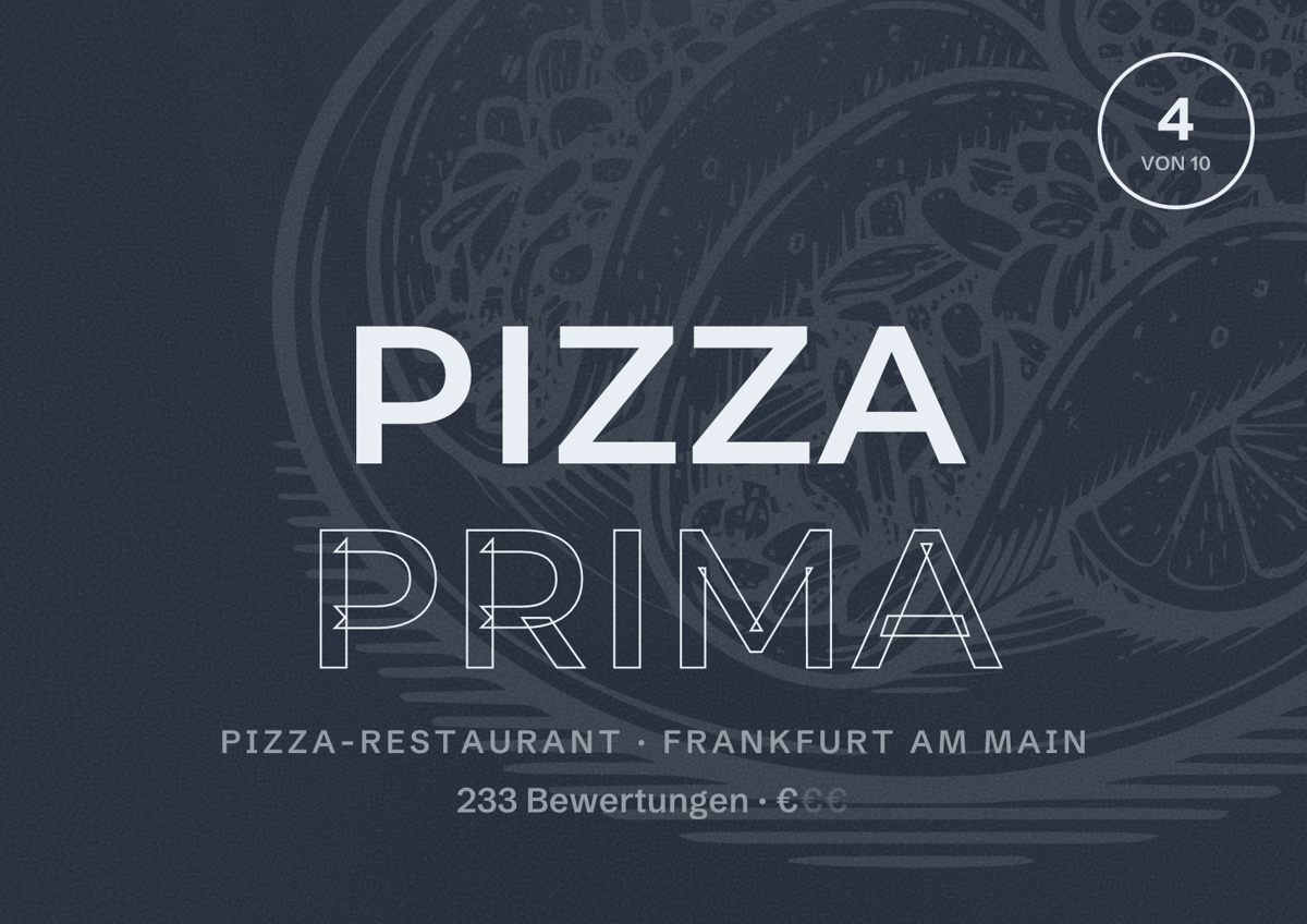 Illustriertes Poster von Pizza Prima, Pizza-Restaurant in Frankfurt am Main: Bewertung 4,0 von 10 aus 233 Bewertungen, Preisniveau €