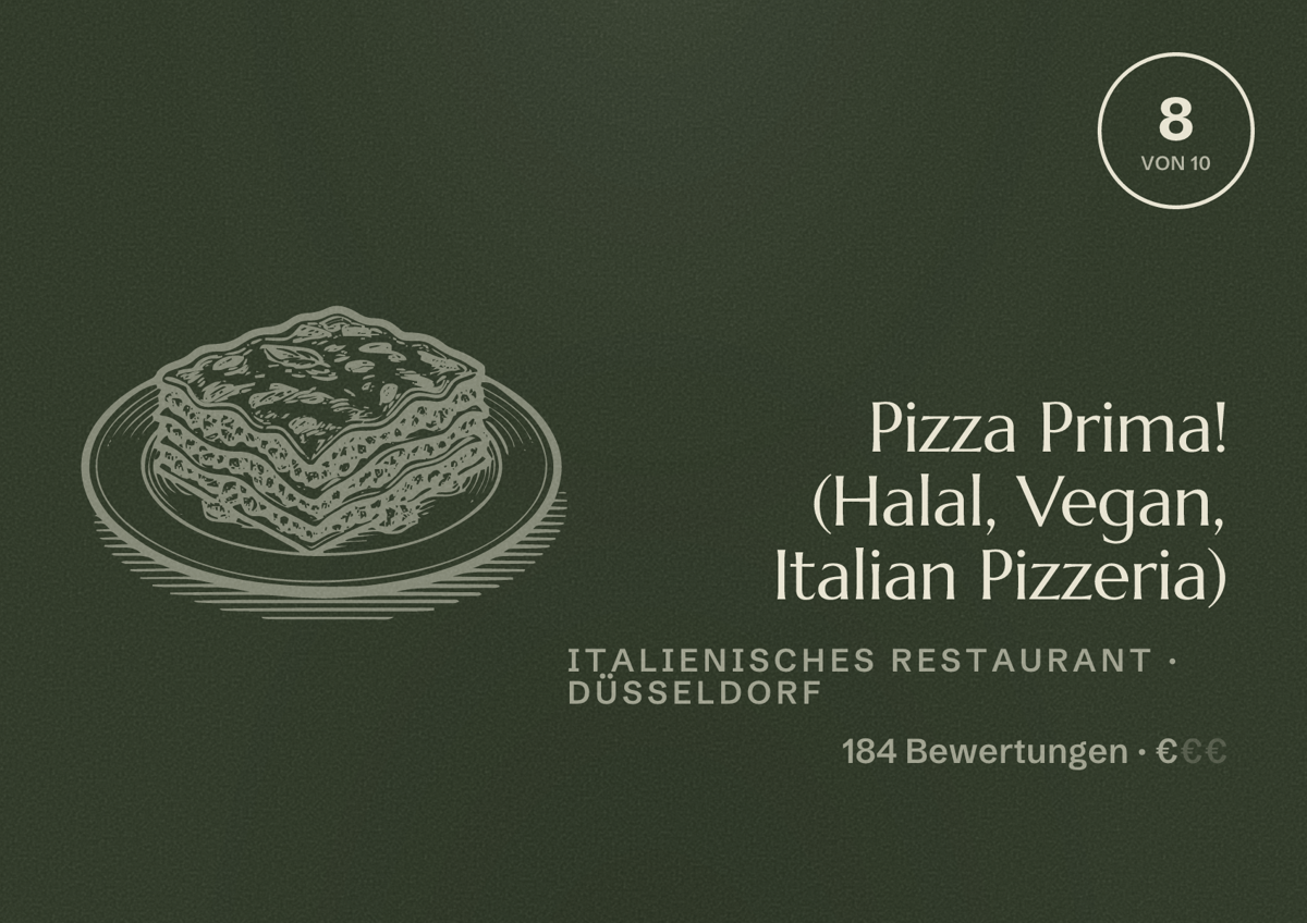 Illustriertes Poster von Pizza Prima! (Halal, Vegan, Italian Pizzeria), Italienisches Restaurant in Düsseldorf: Bewertung 8 von 10 aus 184 Bewertungen, Preisniveau €