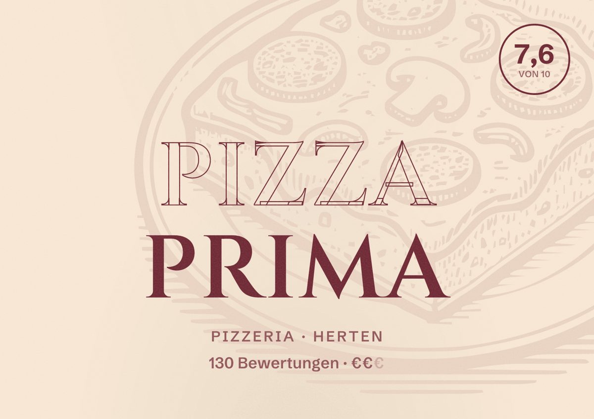 Illustriertes Poster von Pizza Prima, Pizzeria in Herten: Bewertung 7,6 von 10 aus 130 Bewertungen, Preisniveau €€