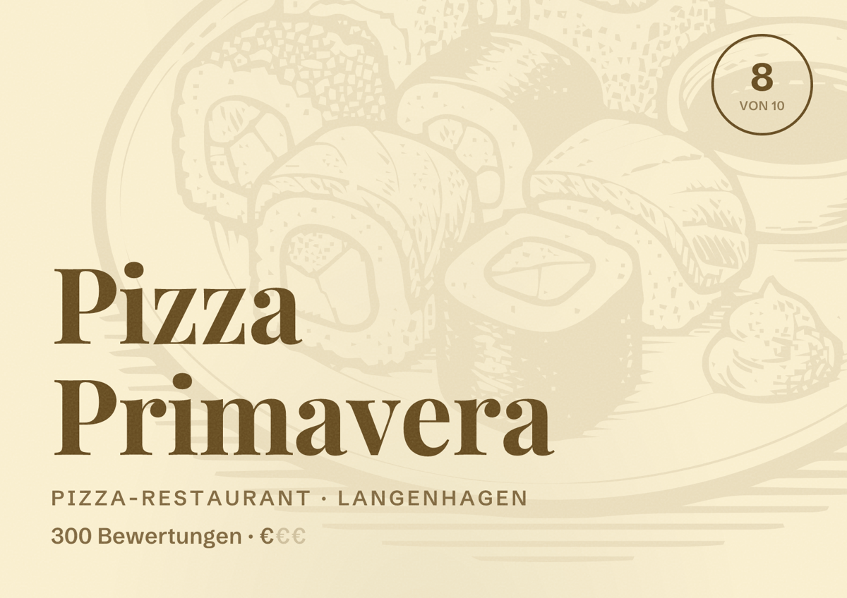 Illustriertes Poster von Pizza Primavera, Pizza-Restaurant in Langenhagen: Bewertung 8 von 10 aus 300 Bewertungen, Preisniveau €