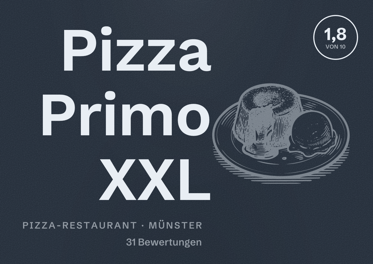 Illustriertes Poster von Pizza Primo XXL, Pizza-Restaurant in Münster: Bewertung 1,8 von 10 aus 31 Bewertungen