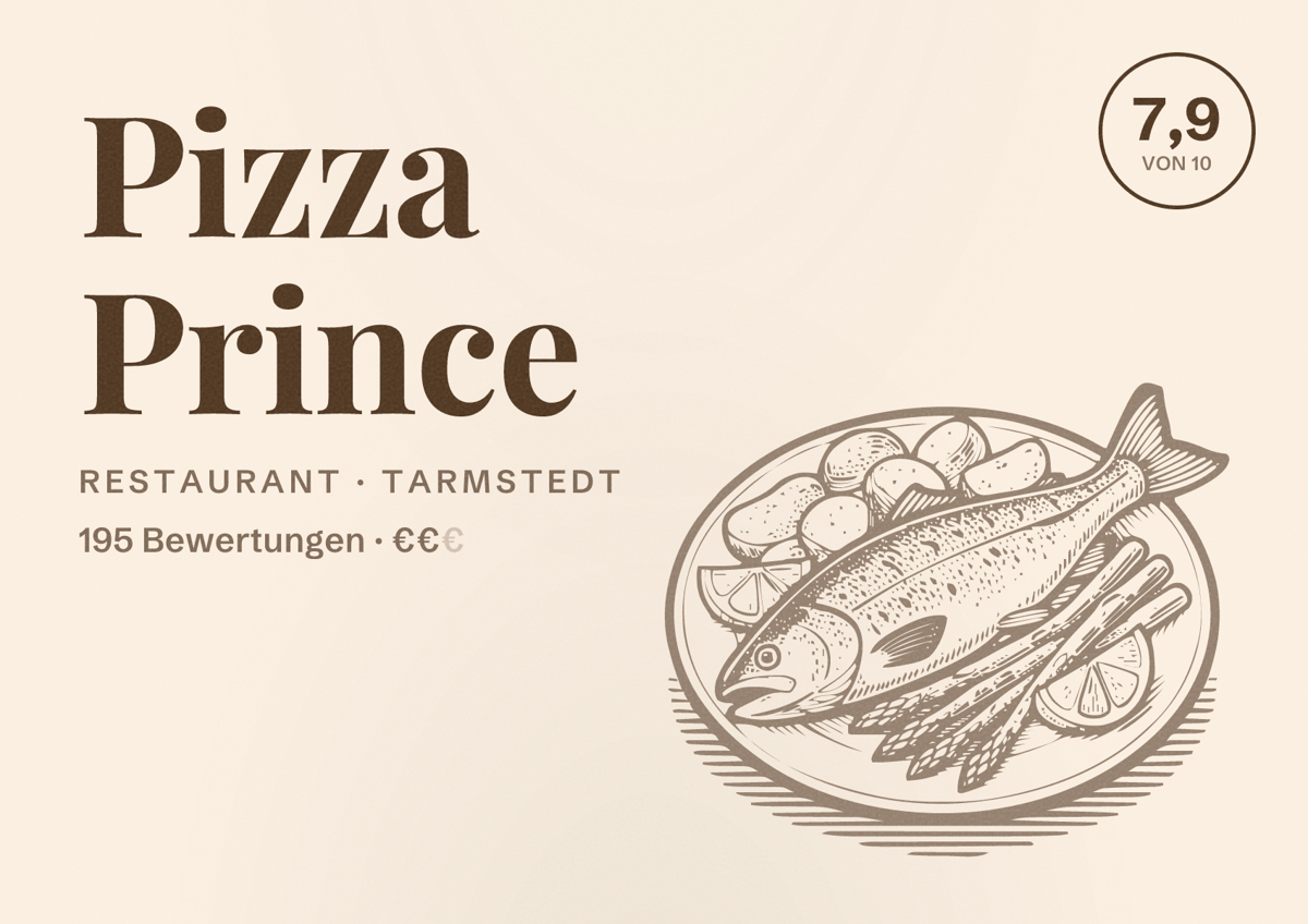 Illustriertes Poster von Pizza Prince, Restaurant in Tarmstedt: Bewertung 7,9 von 10 aus 195 Bewertungen, Preisniveau €€