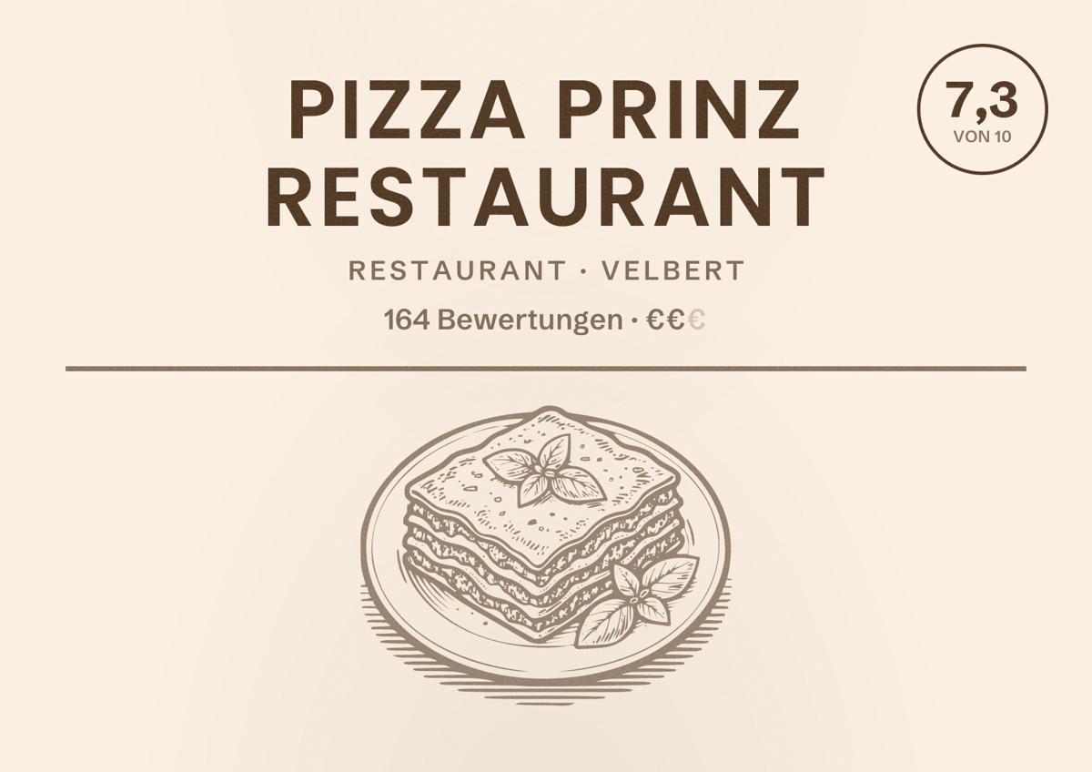 Illustriertes Poster von Pizza Prinz Restaurant, Restaurant in Velbert: Bewertung 7,3 von 10 aus 164 Bewertungen, Preisniveau €€