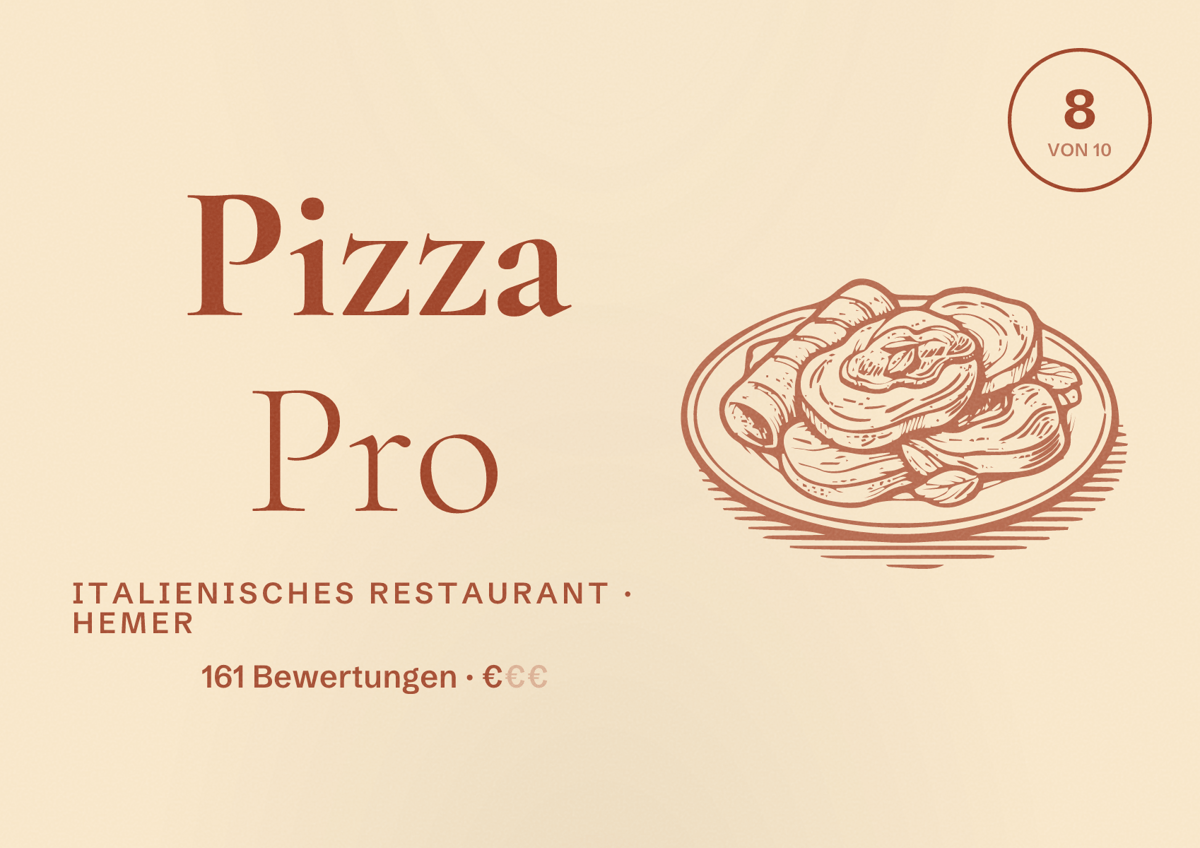 Illustriertes Poster von Pizza Pro, Italienisches Restaurant in Hemer: Bewertung 8 von 10 aus 161 Bewertungen, Preisniveau €