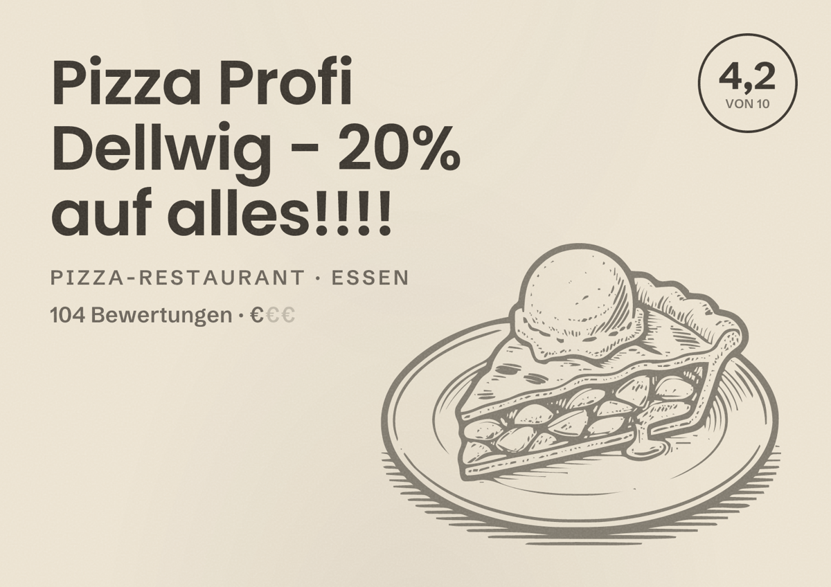 Illustriertes Poster von Pizza Profi Dellwig - 20% auf alles!!!!, Pizza-Restaurant in Essen: Bewertung 4,2 von 10 aus 104 Bewertungen, Preisniveau €