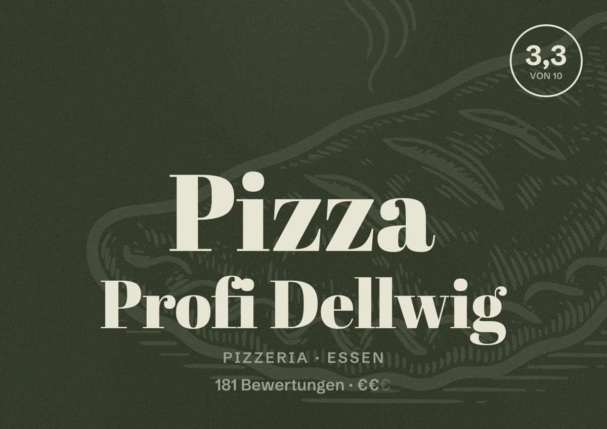 Illustriertes Poster von Pizza Profi Dellwig, Pizzeria in Essen: Bewertung 3,3 von 10 aus 181 Bewertungen, Preisniveau €€