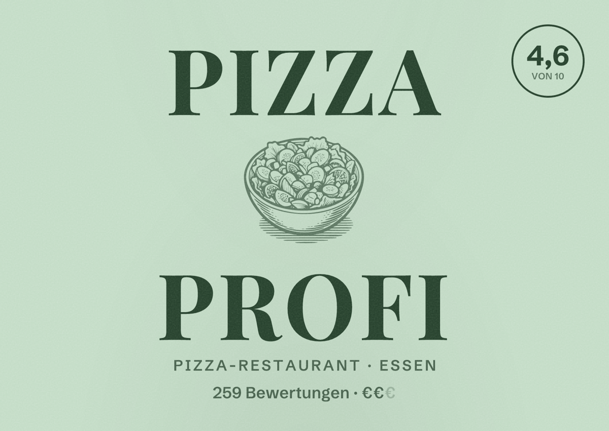 Illustriertes Poster von Pizza Profi, Pizza-Restaurant in Essen: Bewertung 4,6 von 10 aus 259 Bewertungen, Preisniveau €€