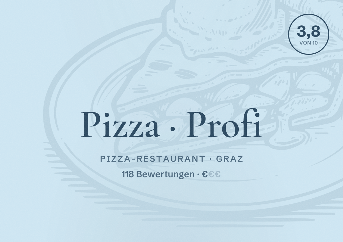 Illustriertes Poster von Pizza Profi, Pizza-Restaurant in Graz: Bewertung 3,8 von 10 aus 118 Bewertungen, Preisniveau €