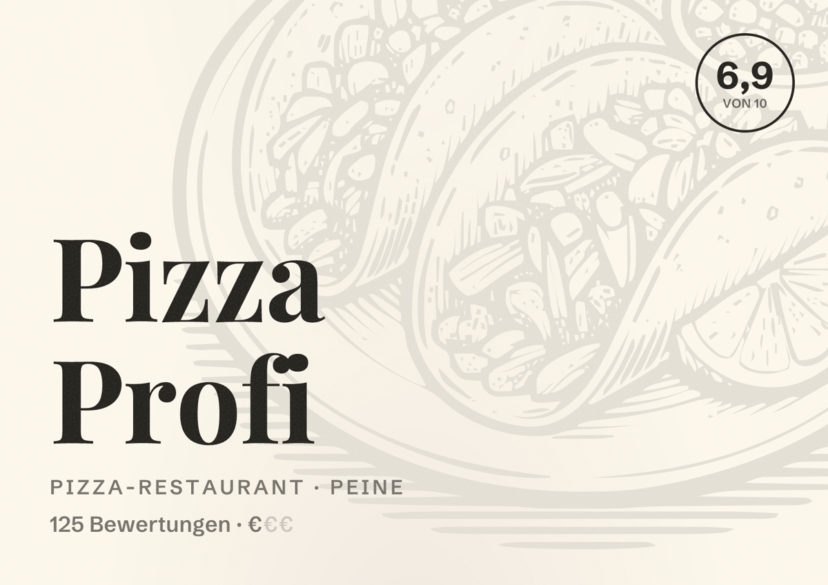Illustriertes Poster von Pizza Profi, Pizza-Restaurant in Peine: Bewertung 6,9 von 10 aus 125 Bewertungen, Preisniveau €
