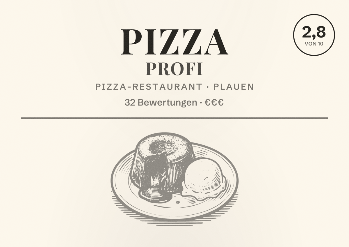 Illustriertes Poster von Pizza Profi, Pizza-Restaurant in Plauen: Bewertung 2,8 von 10 aus 32 Bewertungen, Preisniveau €€€