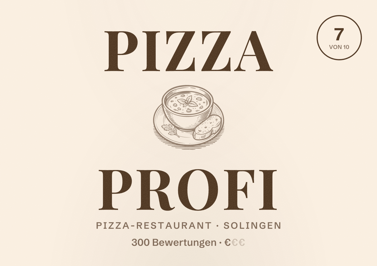 Illustriertes Poster von Pizza Profi, Pizza-Restaurant in Solingen: Bewertung 7 von 10 aus 300 Bewertungen, Preisniveau €