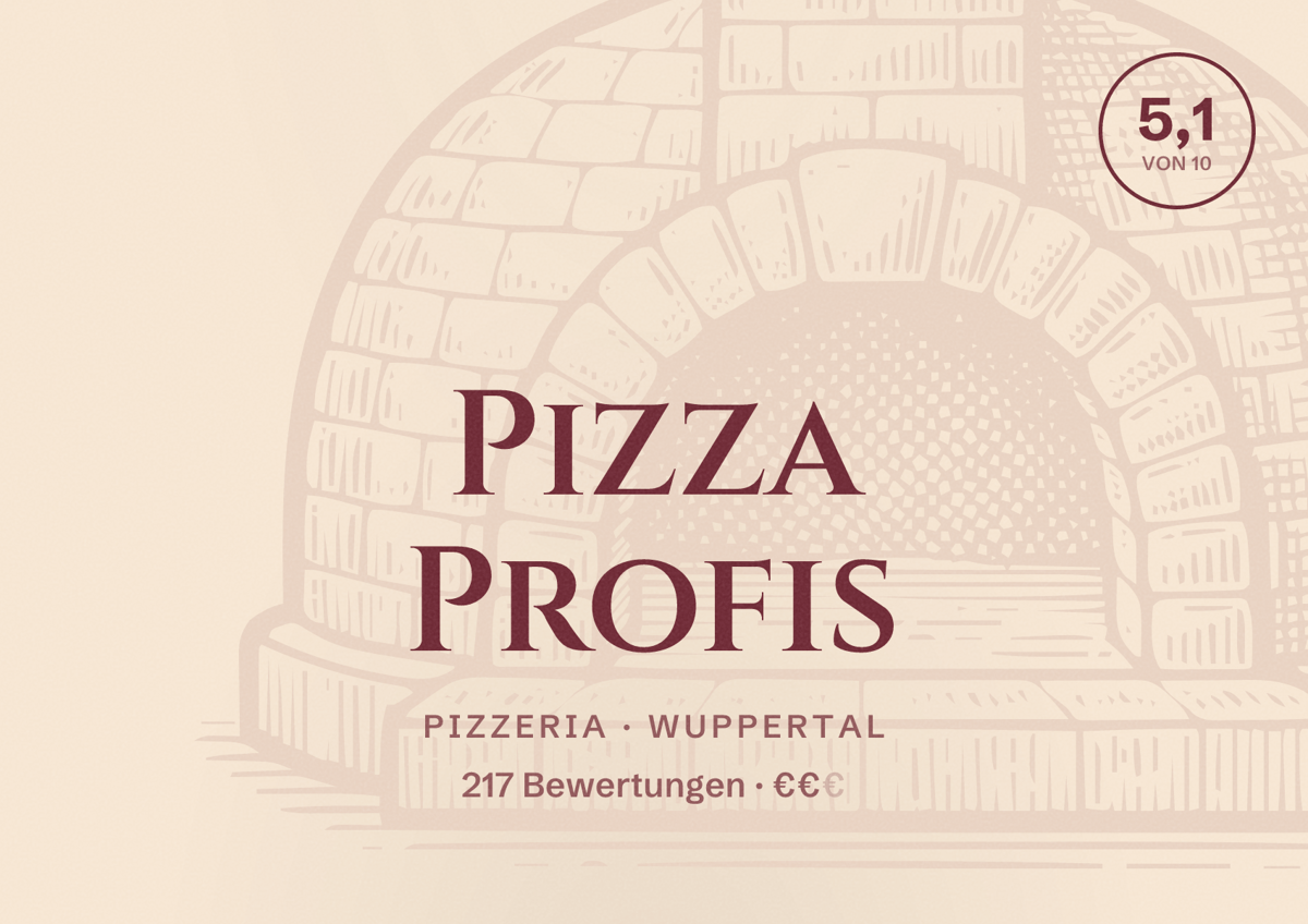 Illustriertes Poster von Pizza Profis, Pizzeria in Wuppertal: Gästebewertung 5,1 von 10 aus 217 Bewertungen