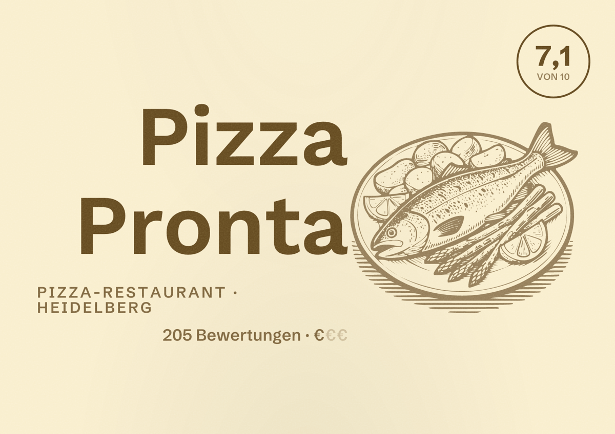 Illustriertes Poster von Pizza Pronta, Pizza-Restaurant in Heidelberg: Bewertung 7,1 von 10 aus 205 Bewertungen, Preisniveau €