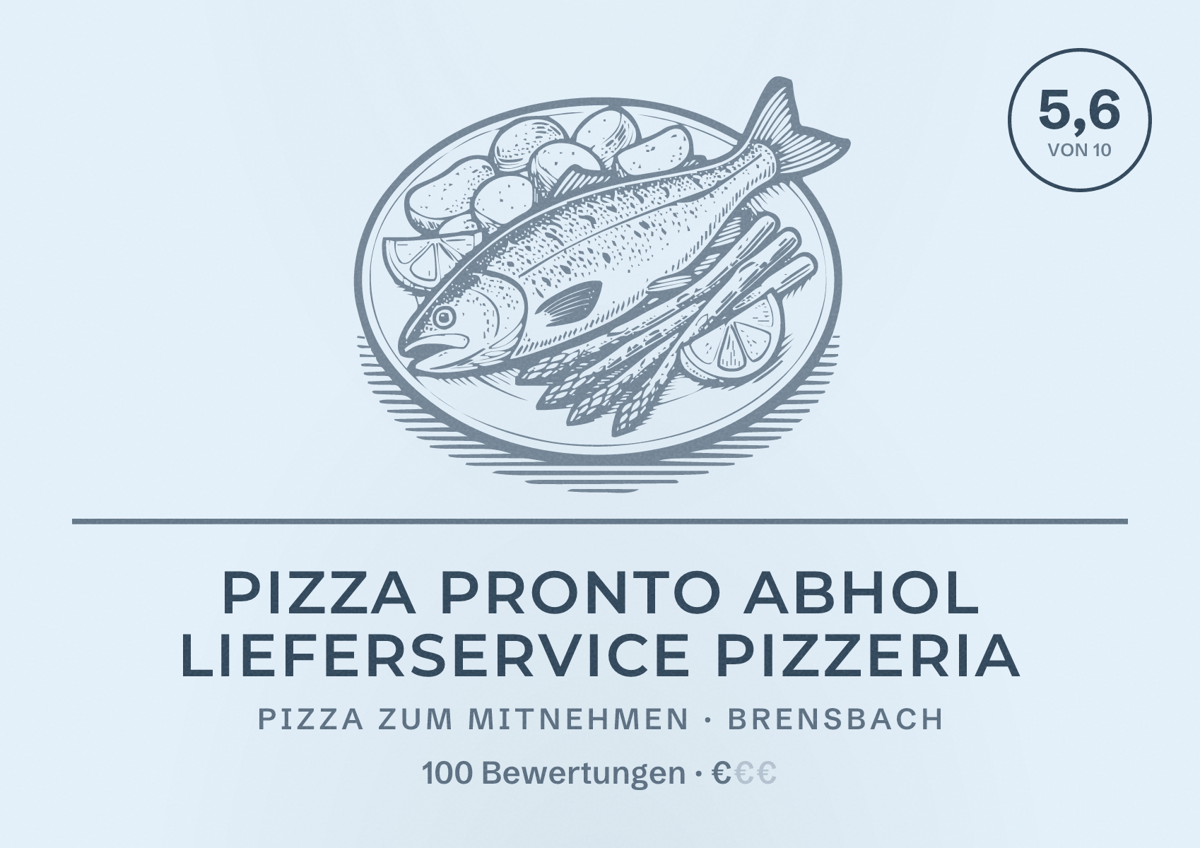 Illustriertes Poster von Pizza Pronto Abhol Lieferservice Pizzeria, Pizza zum Mitnehmen in Brensbach: Bewertung 5,6 von 10 aus 100 Bewertungen, Preisniveau €