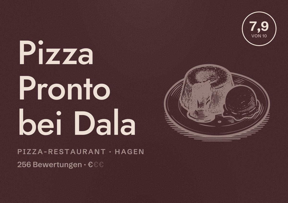 Illustriertes Poster von Pizza Pronto bei Dala, Pizza-Restaurant in Hagen: Bewertung 7,9 von 10 aus 256 Bewertungen, Preisniveau €