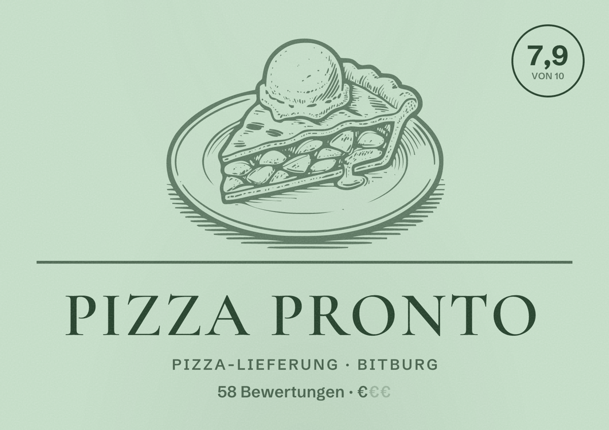 Illustriertes Poster von Pizza pronto, Pizza-Lieferung in Bitburg: Bewertung 7,9 von 10 aus 58 Bewertungen, Preisniveau €
