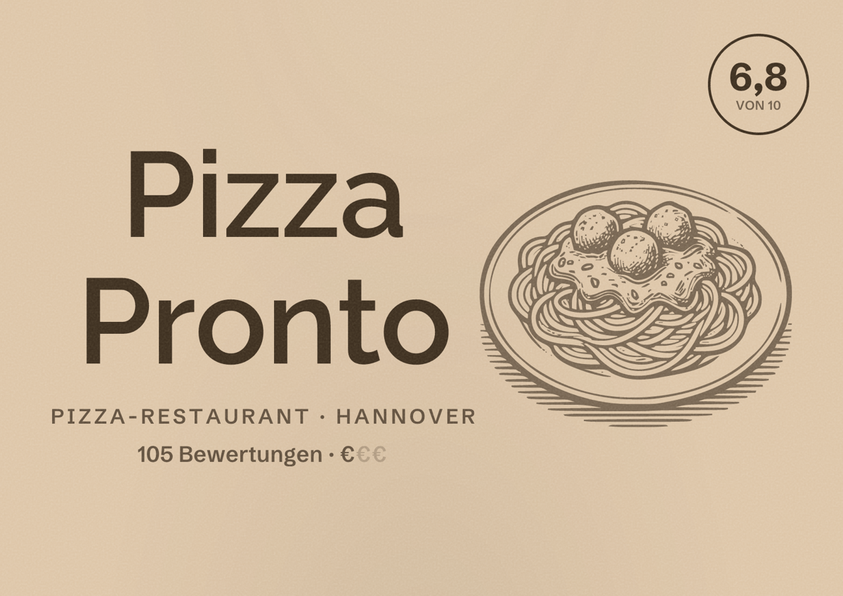 Illustriertes Poster von Pizza Pronto, Pizza-Restaurant in Hannover: Bewertung 6,8 von 10 aus 105 Bewertungen, Preisniveau €