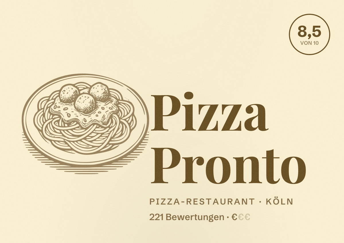 Illustriertes Poster von Pizza Pronto, Pizza-Restaurant in Köln: Bewertung 8,5 von 10 aus 221 Bewertungen, Preisniveau €