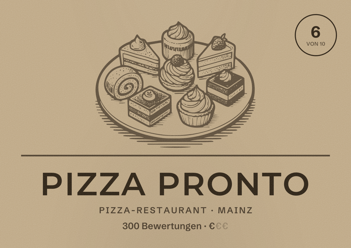 Illustriertes Poster von Pizza Pronto, Pizza-Restaurant in Mainz: Bewertung 6 von 10 aus 300 Bewertungen, Preisniveau €
