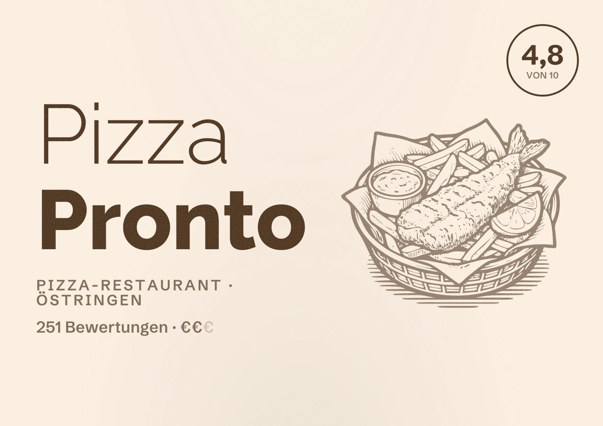 Illustriertes Poster von Pizza Pronto, Pizza-Restaurant in Östringen: Bewertung 4,8 von 10 aus 251 Bewertungen, Preisniveau €€