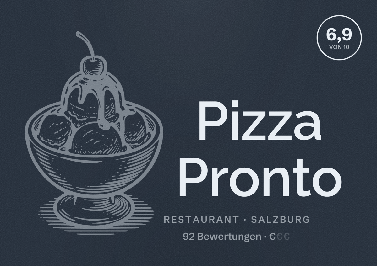 Illustriertes Poster von Pizza Pronto, Restaurant in Salzburg: Bewertung 6,9 von 10 aus 92 Bewertungen, Preisniveau €
