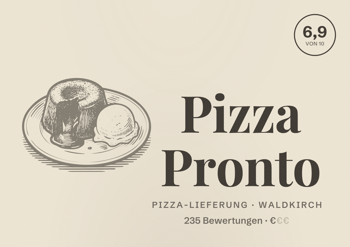 Illustriertes Poster von Pizza Pronto, Pizza-Lieferung in Waldkirch: Bewertung 6,9 von 10 aus 235 Bewertungen, Preisniveau €