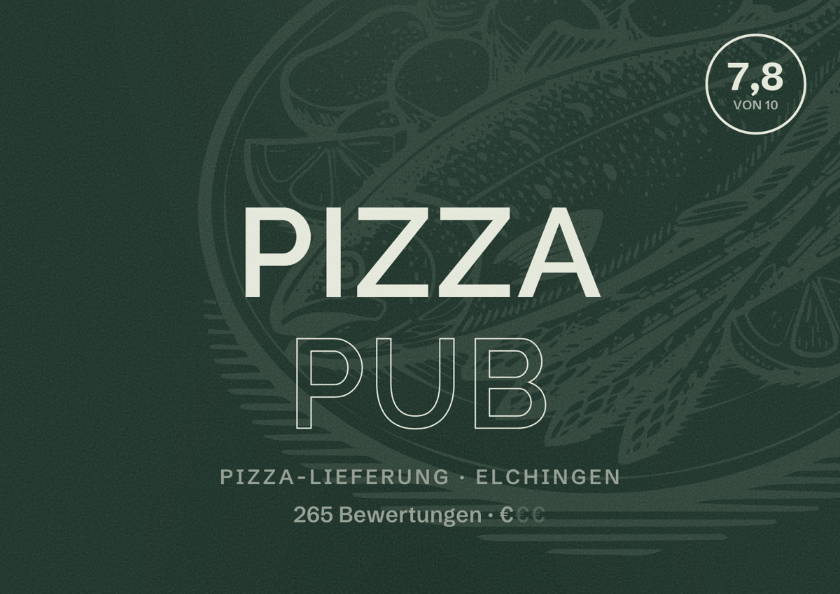Illustriertes Poster von Pizza Pub, Pizza-Lieferung in Elchingen: Bewertung 7,8 von 10 aus 265 Bewertungen, Preisniveau €