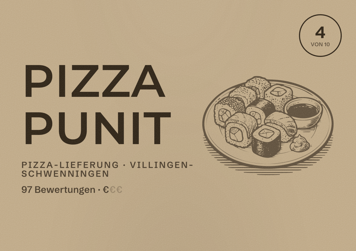 Illustriertes Poster von Pizza Punit, Pizza-Lieferung in Villingen-Schwenningen: Bewertung 4 von 10 aus 97 Bewertungen, Preisniveau €