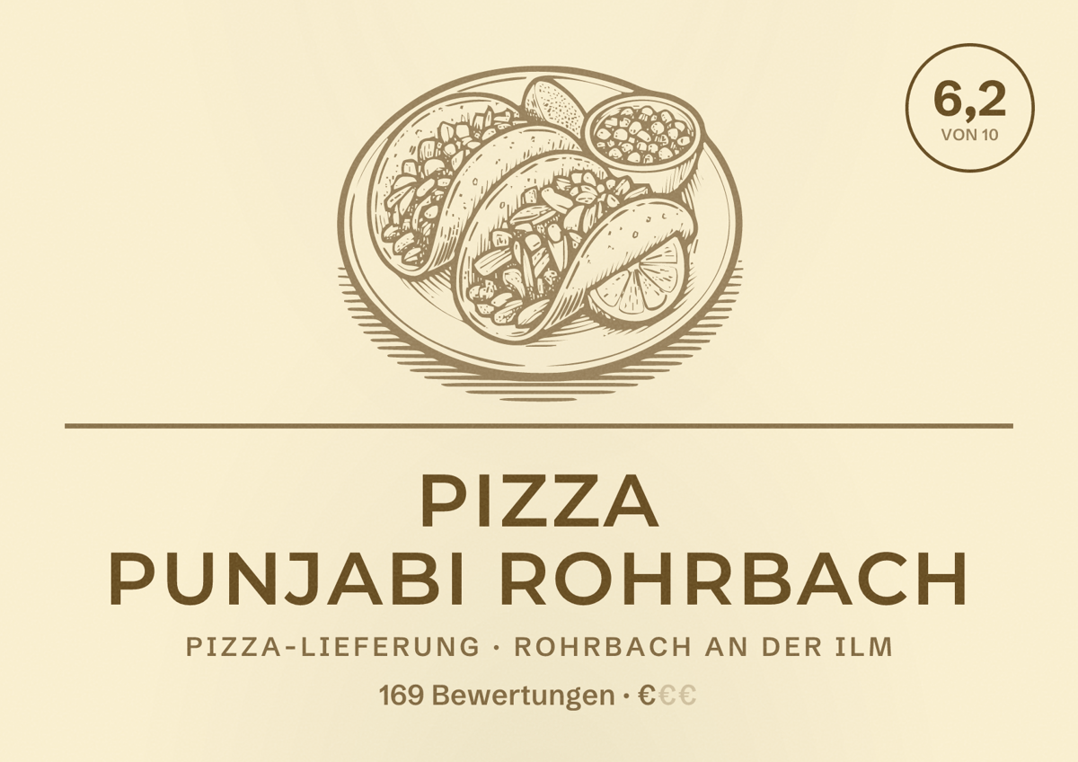 Illustriertes Poster von Pizza Punjabi Rohrbach, Pizza-Lieferung in Rohrbach an der Ilm: Bewertung 6,2 von 10 aus 169 Bewertungen, Preisniveau €