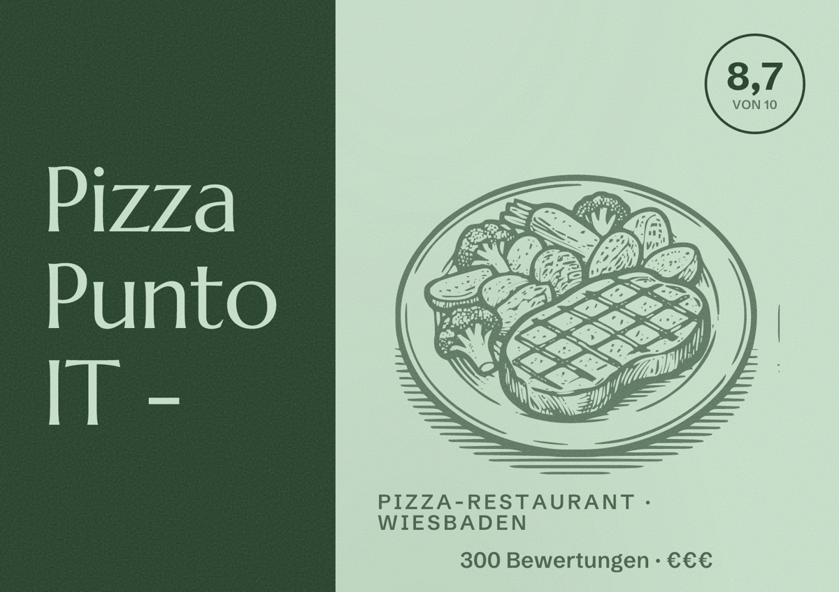 Illustriertes Poster von Pizza Punto IT -, Pizza-Restaurant in Wiesbaden: Bewertung 8,7 von 10 aus 300 Bewertungen, Preisniveau €€€