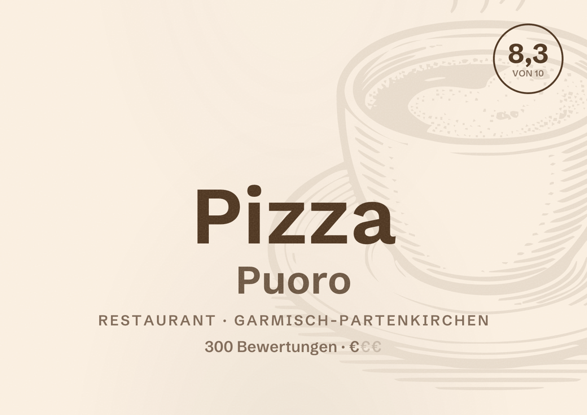 Illustriertes Poster von Pizza Puoro, Restaurant in Garmisch-Partenkirchen: Bewertung 8,3 von 10 aus 300 Bewertungen, Preisniveau €